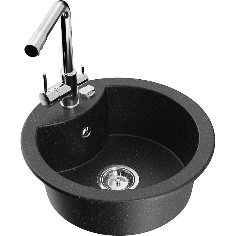 Mexen Diego fregadero de granito de 1 cubeta con grifo de cocina Duero, negro/metálico plateado - 6512-73-671600-00