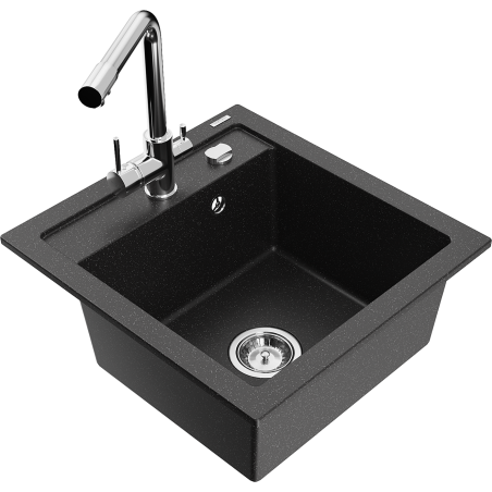 Mexen Vito Granitspüle 1-Becken mit Küchenarmatur Duero, schwarz/silber metallic - 6503-73-671600-00