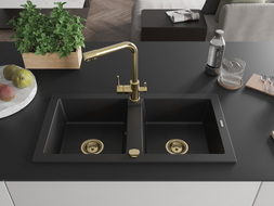 Mexen Mario granite double-bowl sink with Duero kitchen faucet, black - 6504-77-671600-50