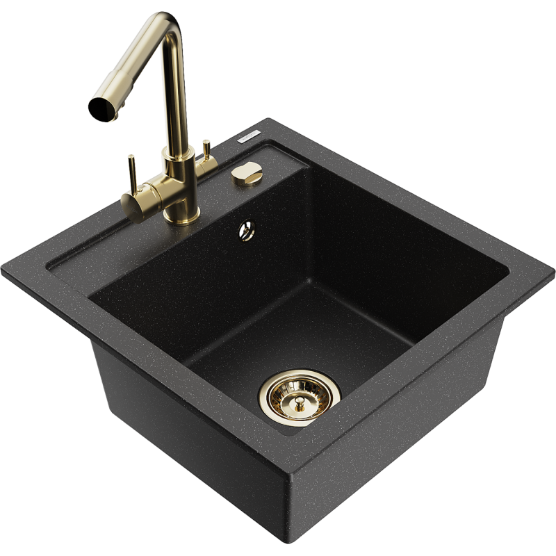Mexen Vito fregadero de granito de 1 cubeta con grifo de cocina Duero, negro/metalizado plateado - 6503-73-671600-50