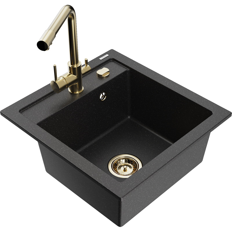 Mexen Vito granieten gootsteen 1-komor met keukenkraan Duero, zwart/zilver metallic - 6503-73-671600-50