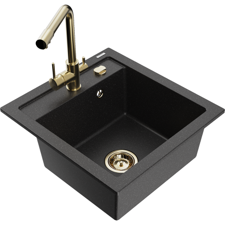 Mexen Vito granieten gootsteen 1-kamer met keukenkraan Duero, zwart/zilveren metallic - 6503-73-671600-50