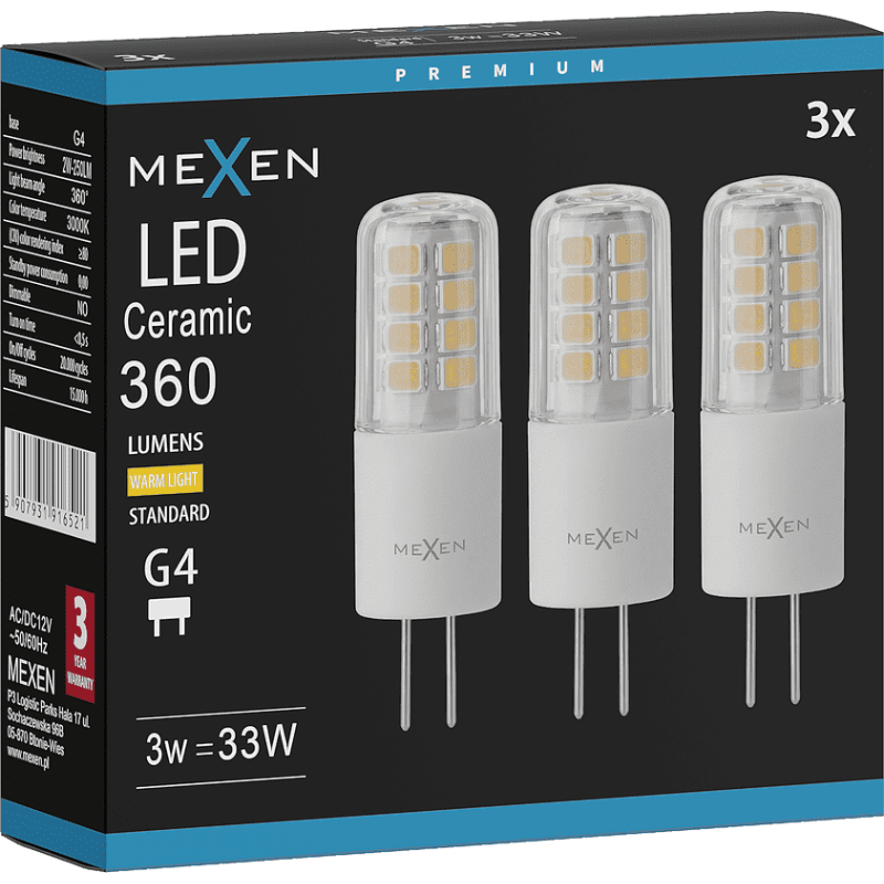 Mexen Oris 3x żarówka LED G4, 3W, Ciepła - 3000K, 360 lm - L115-G4-0330-01x03