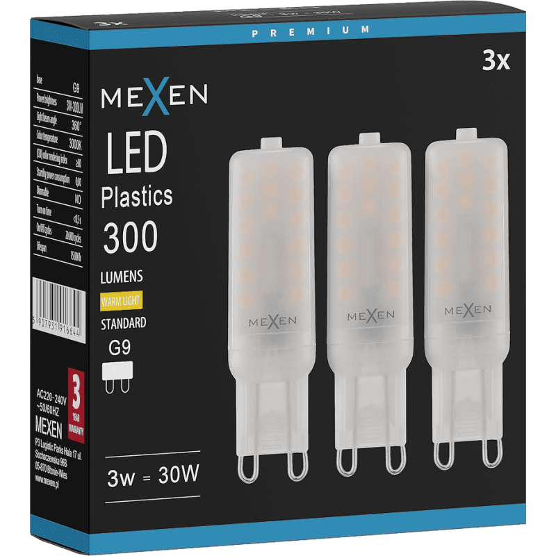 Mexen Aura 3x żarówka LED G9, 3W, Ciepła - 3000K, 300 lm - L120-G9-0330-01x03