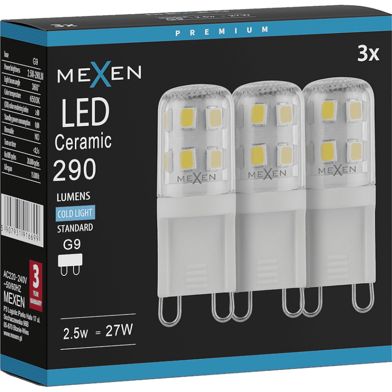 Mexen Aura 3x żarówka LED G9, 2,5W, Zimna - 6500K, 290 lm - L121-G9-0265-01x03