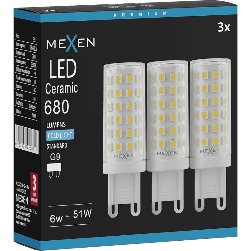 Mexen Aura 3x żarówka LED G9, 6W, Zimna - 6500K, 680 lm - L121-G9-0665-01x03