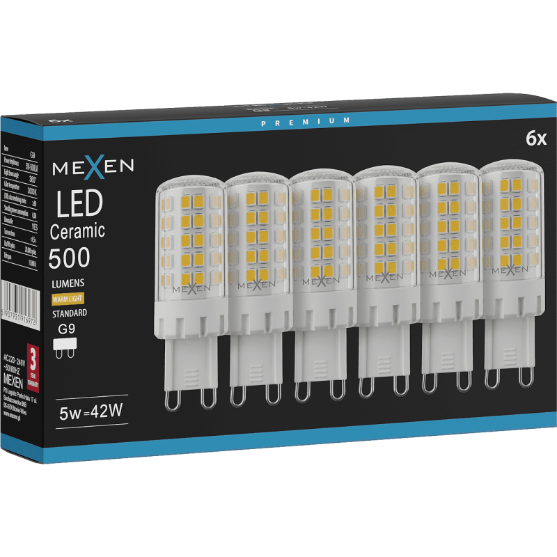Mexen Aura 6x żarówka LED ściemnialna G9, 5W, Ciepła - 3000K, 500 lm - L122-G9-0530-01x06