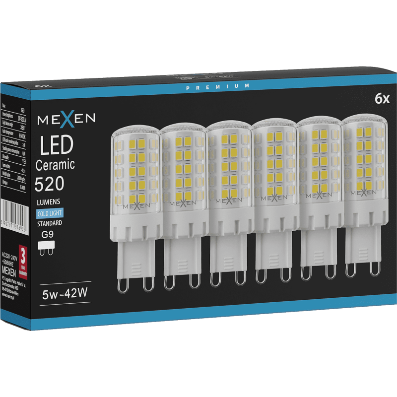 Mexen Aura 6x żarówka LED ściemnialna G9, 5W, Zimna - 6500K, 520 lm - L122-G9-0565-01x06