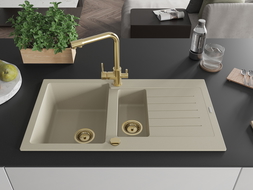 Mexen Matias granieten spoelbak 1,5-kamer met afdruiprek en keukenmengkraan Duero, beige - 6502-69-671600-50
