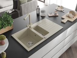 Mexen Matias lavello in granito a 1,5 vasche con scolapiatti e rubinetto da cucina Duero, beige - 6502-69-671600-69