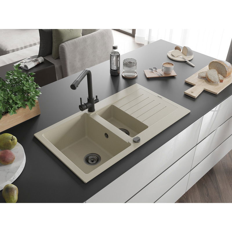 Mexen Matias 1.5-bowl granite sink with drainer and Duero kitchen tap, beige - 6502-69-671600-70