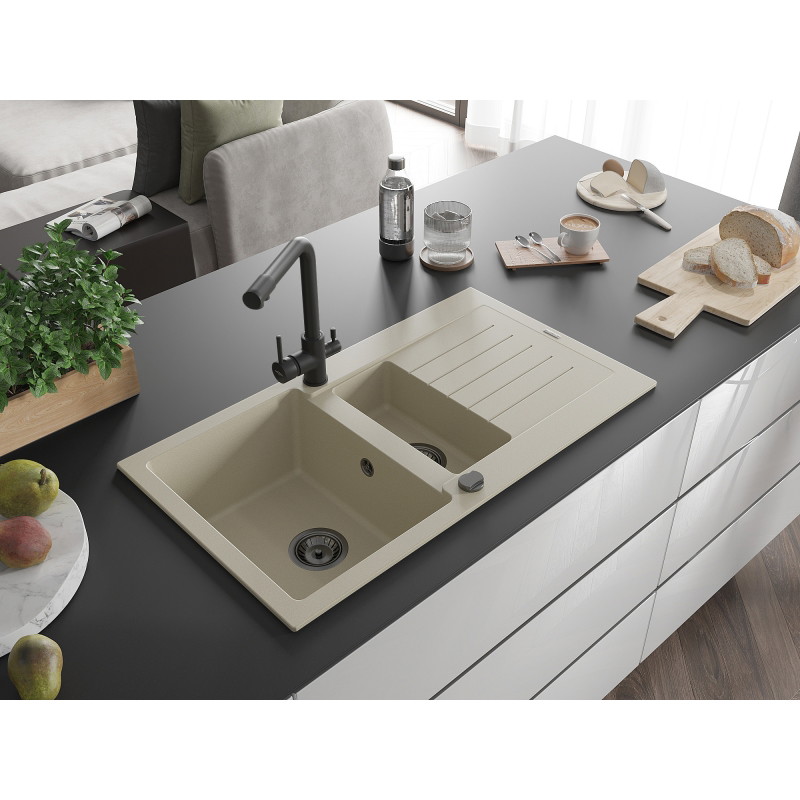 Mexen Matias granitische spoelbak 1,5-baks met afdruipgedeelte en keukenmengkraan Duero, beige - 6502-69-671600-70