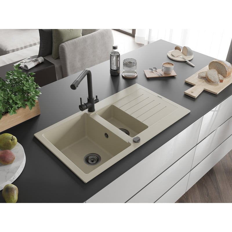 Mexen Matias lavello in granito 1,5 vasche con sgocciolatoio e rubinetto da cucina Duero, beige - 6502-69-671600-70
