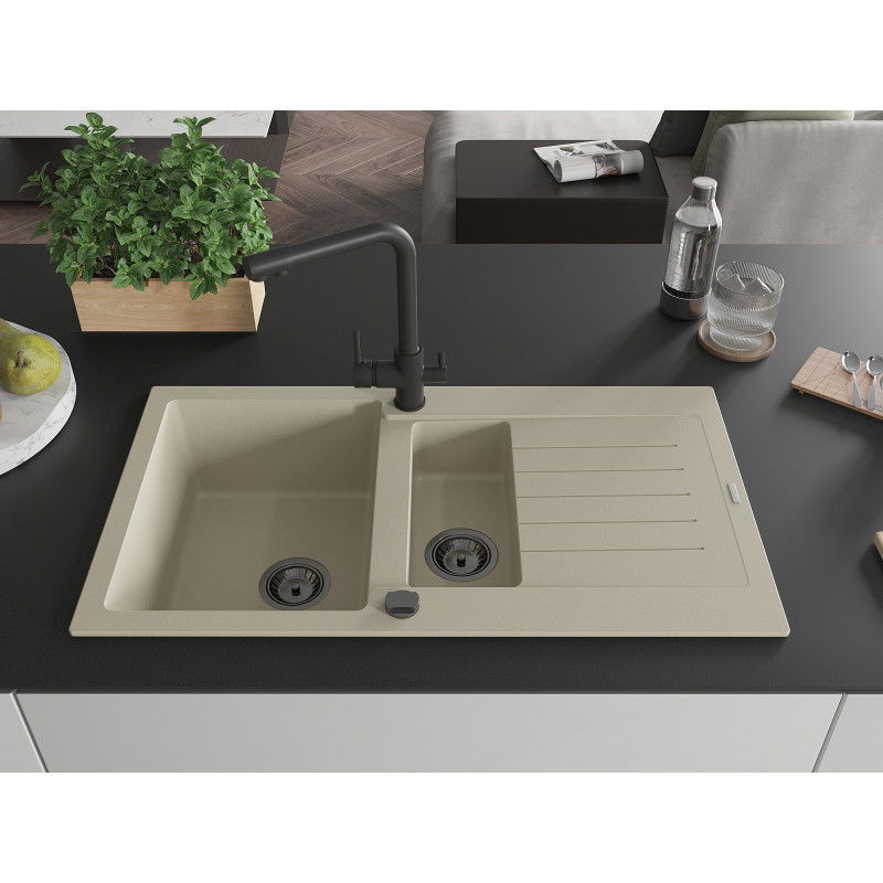 Mexen Matias 1.5-bowl granite sink with drainer and Duero kitchen tap, beige - 6502-69-671600-70