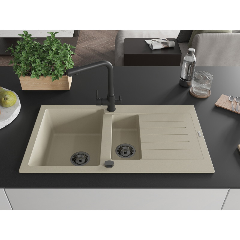 Mexen Matias Granitspüle mit 1,5 Becken, Abtropffläche und Küchenarmatur Duero, beige - 6502-69-671600-70