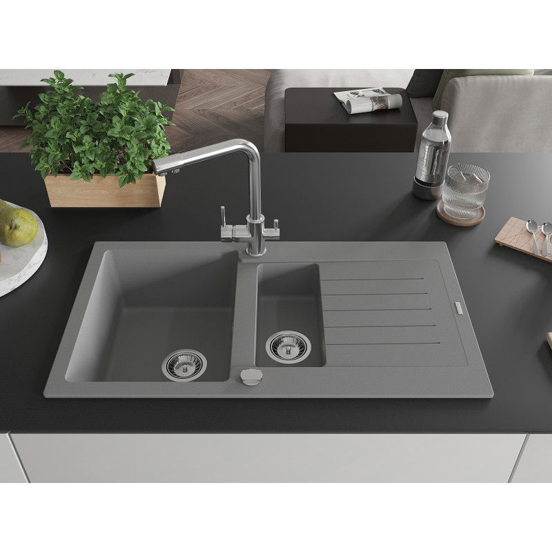 Mexen Matias 1.5-bowl granite sink with drainer and Duero kitchen tap, grey - 6502-71-671600-00