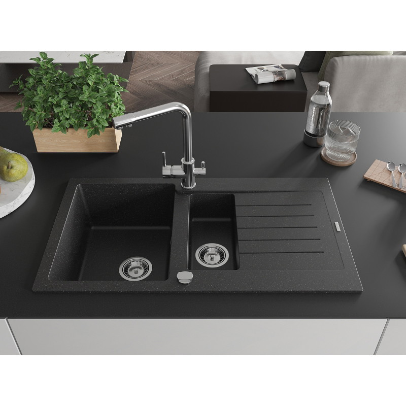 Mexen Matias 1,5-komorige gootsteen van graniet met afdruiprek en keukenkraan Duero, zwart/zilver metallic - 6502-73-671600-00