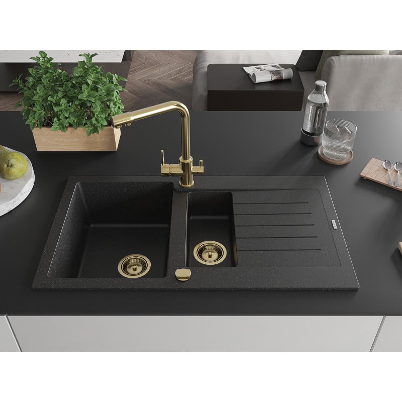 Mexen Matias granite sink 1.5-bowl with drainer and Duero kitchen tap, black/silver metallic- 6502-73-671600-50