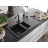 Mexen Matias fregadero de granito 1,5 cuencas con escurridor y grifo de cocina Duero, negro/dorado - 6502-75-671600-70-B
