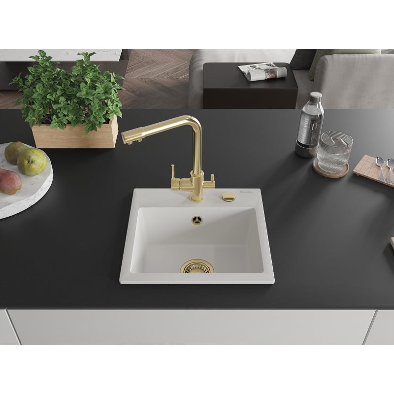 Mexen Milo 1-bowl granite sink with Duero kitchen tap, white - 6505-20-671600-50