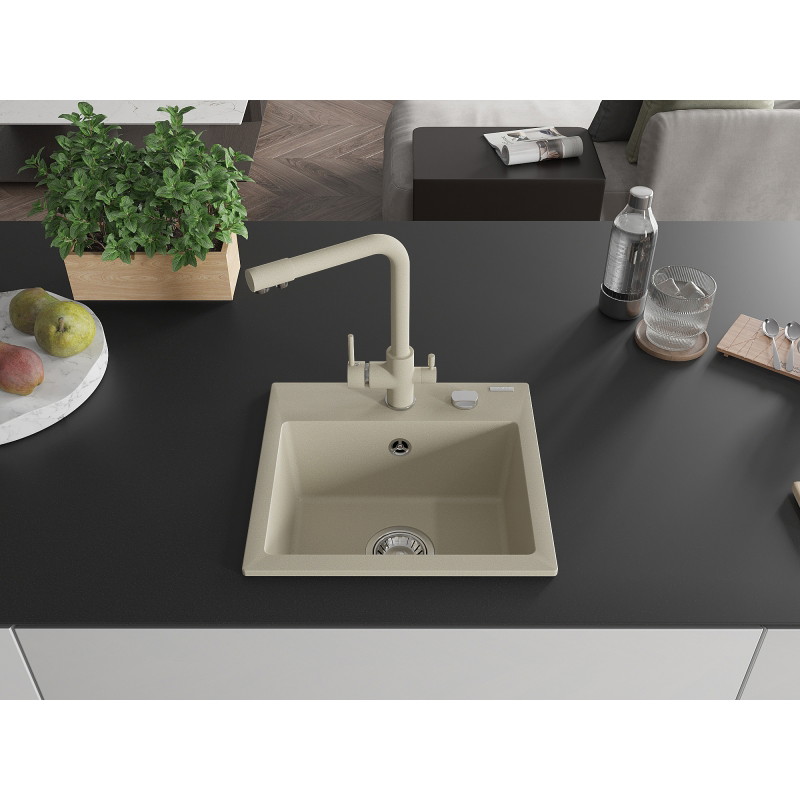 Mexen Milo Granitspüle 1-fach mit Küchenarmatur Duero, beige - 6505-69-671600-69