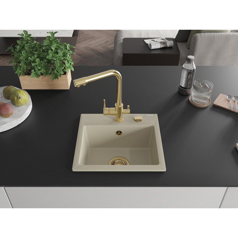 Mexen Milo fregadero de granito de 1 cámara con grifo de cocina Duero, beige - 6505-69-671600-50