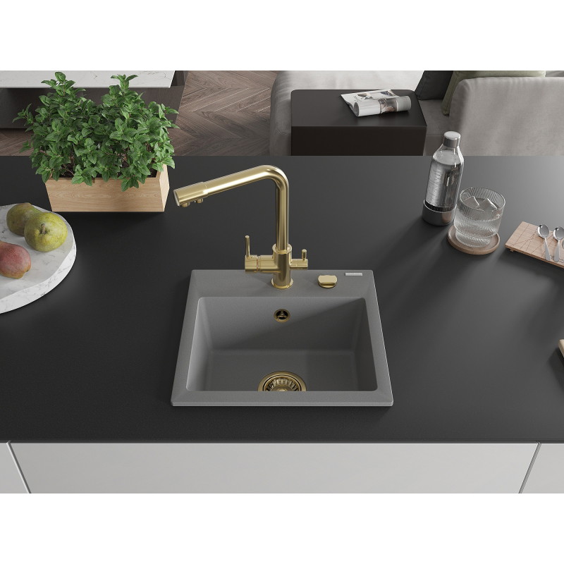 Mexen Milo évier en granit 1 bac avec robinet de cuisine Duero, gris - 6505-71-671600-50