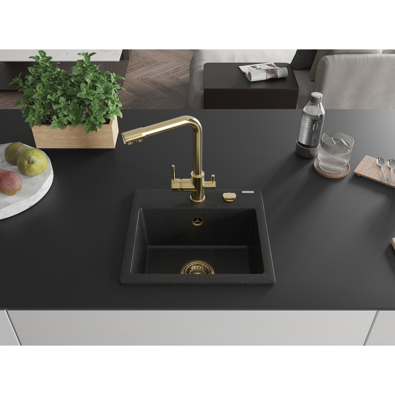 Mexen Milo lavello in granito 1-vasca con miscelatore da cucina Duero, nero/metallo argento - 6505-73-671600-50