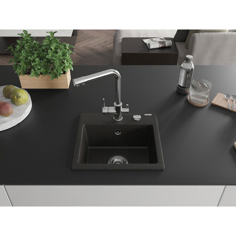 Mexen Milo 1-bowl granite sink with Duero kitchen tap, black/gold metallic - 6505-75-671600-00