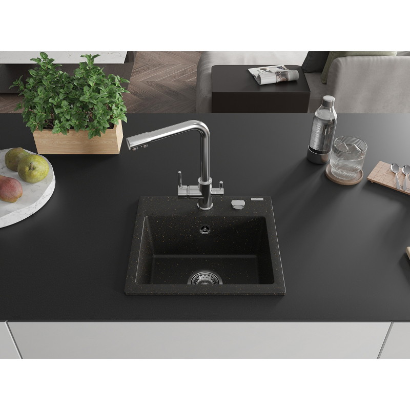Mexen Milo granitische spoelbak met 1 bak en Duero keukenkraan, zwart/goud metallic - 6505-75-671600-00