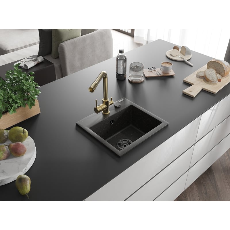 Mexen Milo lavello in granito a 1 vasca con miscelatore da cucina Duero, nero/metallo dorato - 6505-75-671600-50-B