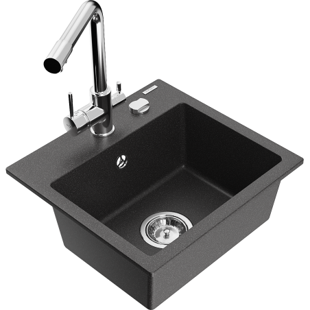 Mexen Milo fregadero de granito de 1 cubeta con grifo de cocina Duero, negro salpicado - 6505-76-671600-00