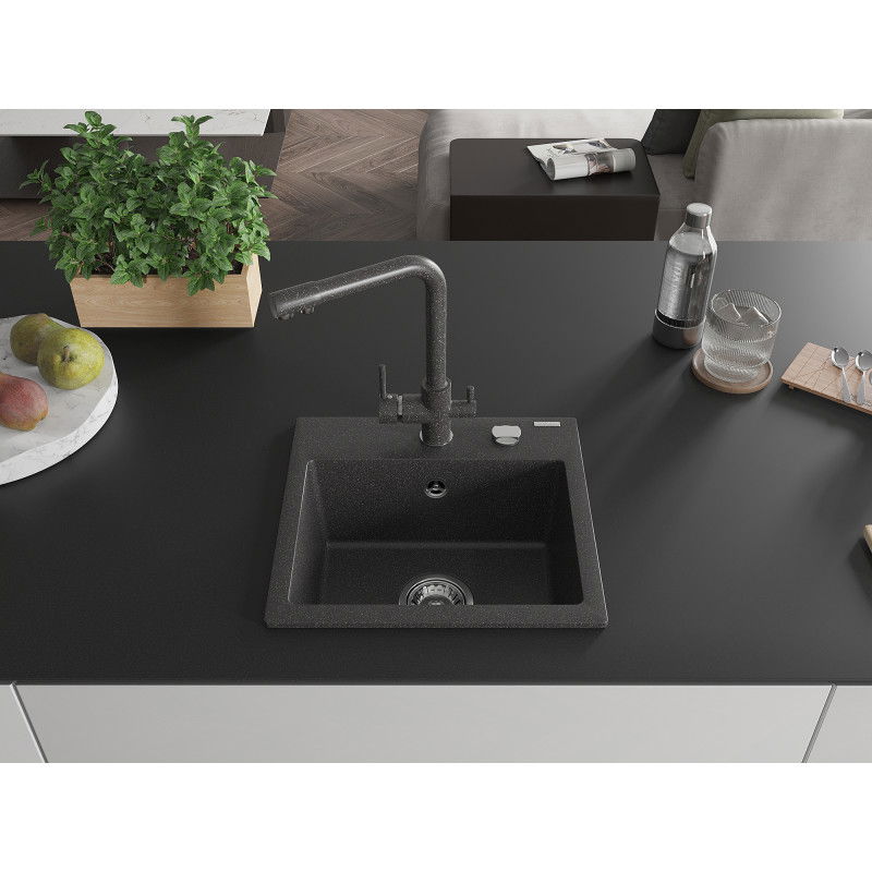 Mexen Milo granite kitchen sink single bowl with Duero kitchen tap, speckled black - 6505-76-671600-76