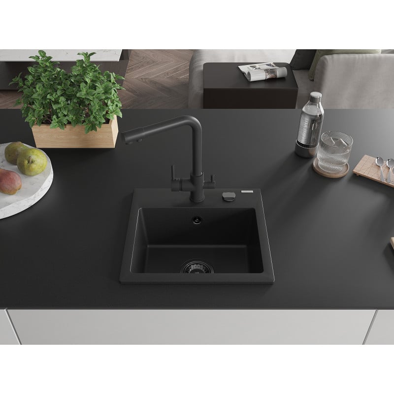 Mexen Milo 1-bowl granite sink with Duero kitchen tap, black - 6505-77-671600-70-B
