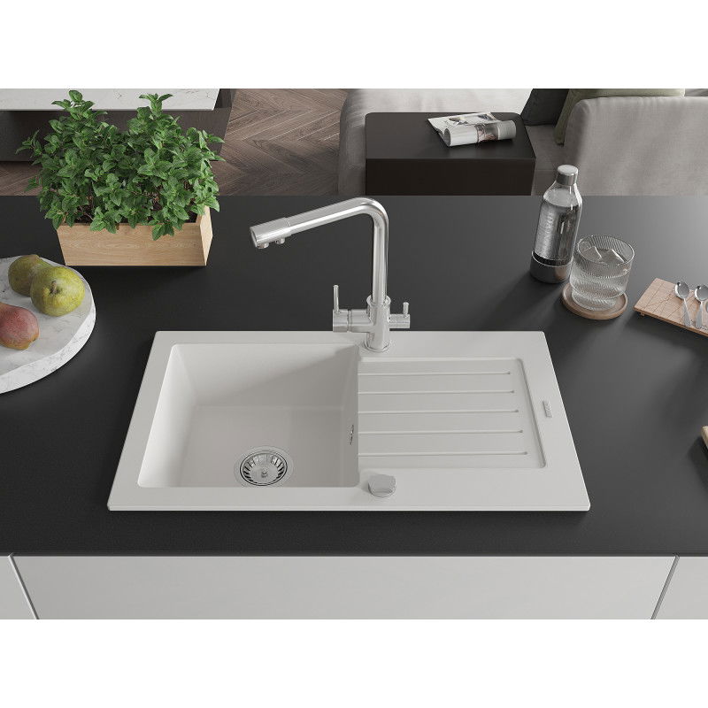 Mexen Pablo 1-bowl granite sink with drainer and Duero kitchen tap, white - 6510-20-671600-00