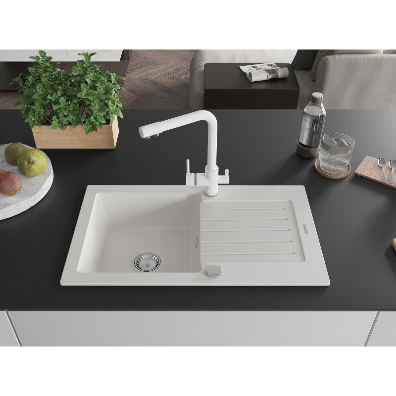Mexen Pablo granite kitchen sink 1-bowl with drainer and Duero kitchen tap, white - 6510-20-671600-20