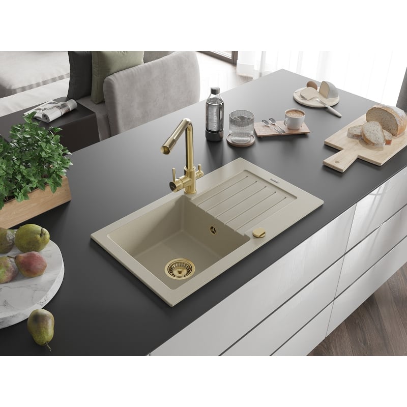 Mexen Pablo 1-bowl granite sink with drainer and kitchen faucet Duero, beige - 6510-69-671600-50