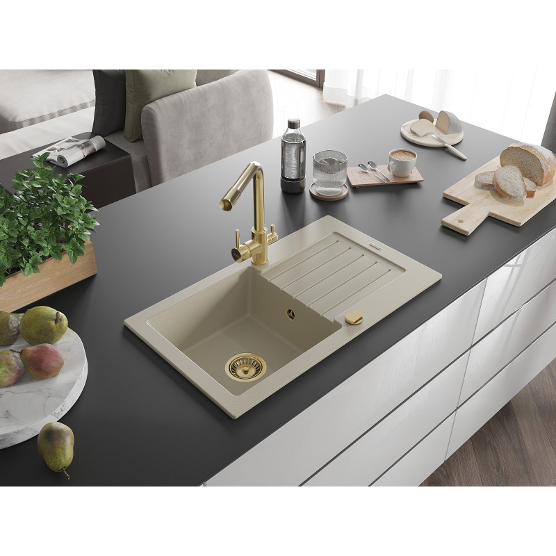 Mexen Pablo fregadero de granito de 1 tazón con escurridor y grifo de cocina Duero, beige - 6510-69-671600-50