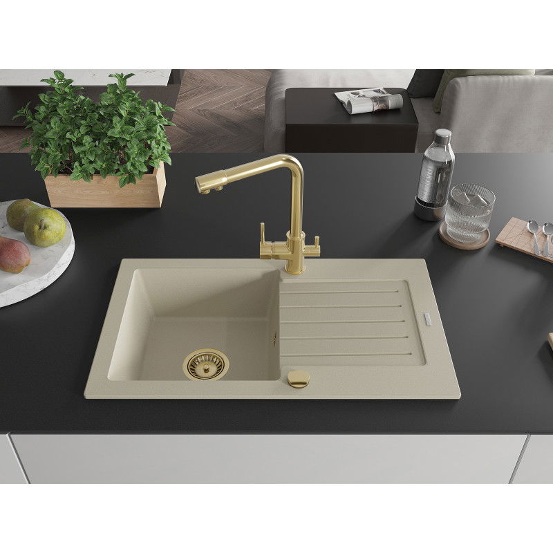 Mexen Pablo 1-bowl granite sink with drainer and Duero kitchen tap, beige - 6510-69-671600-50