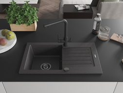 Mexen Pablo fregadero de granito de 1 seno con escurridor y grifo de cocina Duero, negro moteado - 6510-76-671600-70-B