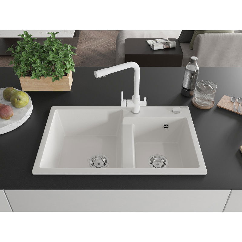 Mexen Tomas granite 2-bowl kitchen sink with Duero tap, white - 6516-20-671600-20