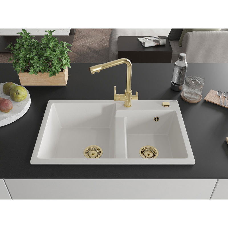 Mexen Tomas granite sink 2-compartment with Duero kitchen tap, white - 6516-20-671600-50