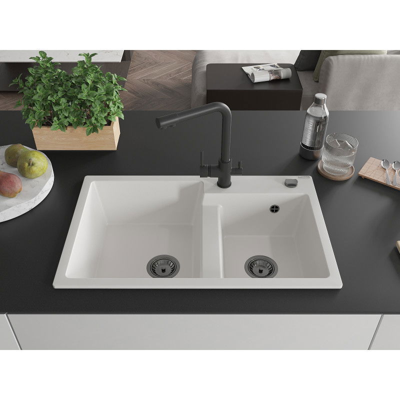 Mexen Tomas granite sink 2-chamber with Duero kitchen tap, white - 6516-20-671600-70