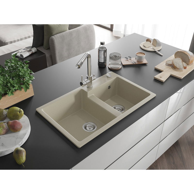 Mexen Tomas Granit-Spullsteen mat 2 Schëffer mat Duero Kichenkran, beige - 6516-69-671600-00