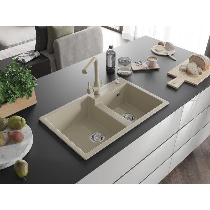 Mexen Tomas fregadero de granito de 2 compartimientos con grifo de cocina Duero, beige - 6516-69-671600-69