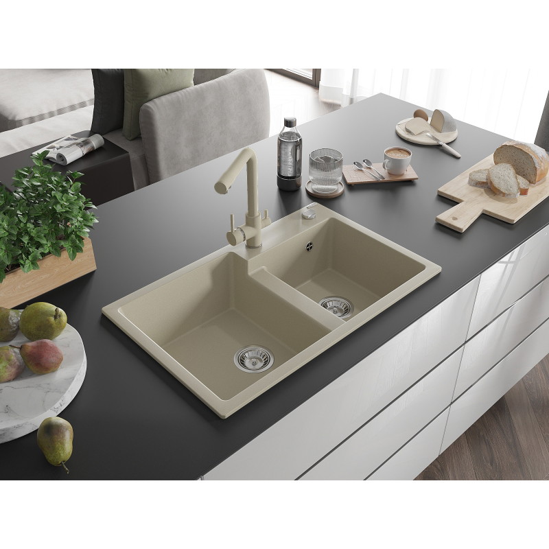 Mexen Tomas granitstenen spoelbak met 2 compartimenten en Duero keukenkraan, beige - 6516-69-671600-69
