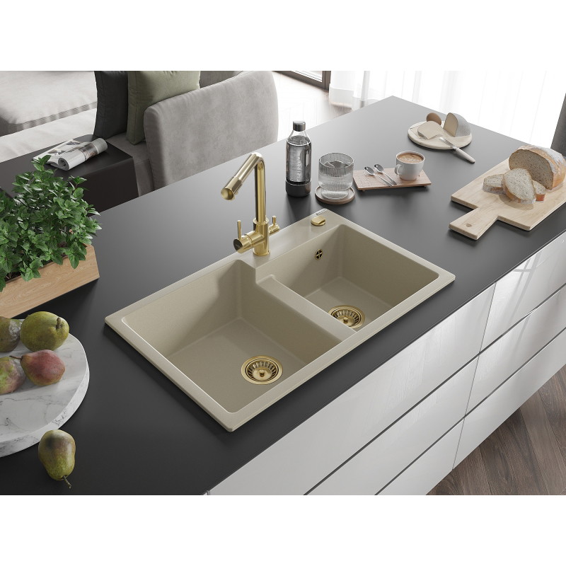 Mexen Tomas granieten spoelbak met 2 compartimenten en Duero keukenmengkraan, beige - 6516-69-671600-50