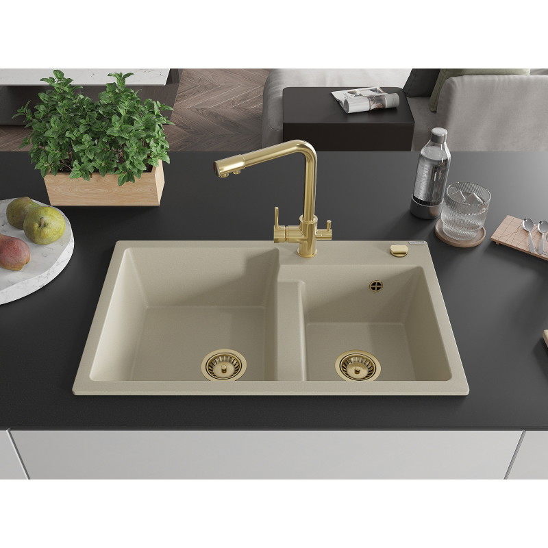 Mexen Tomas fregadero de granito de 2 compartimentos con grifo de cocina Duero, beige - 6516-69-671600-50