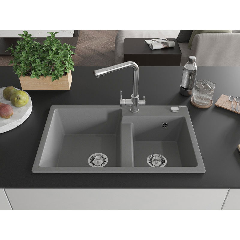 Mexen Tomas granite sink 2-chamber with Duero kitchen tap, grey - 6516-71-671600-00