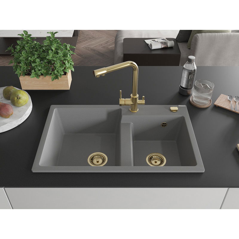 Mexen Tomas granite 2-bowl kitchen sink with Duero tap, grey - 6516-71-671600-50